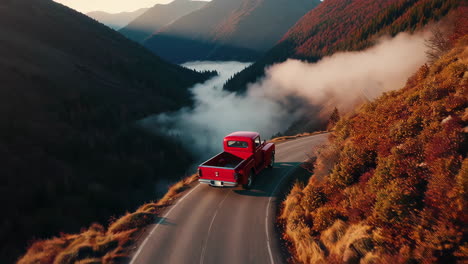 vintage truck on a scenic mountain road at sunset