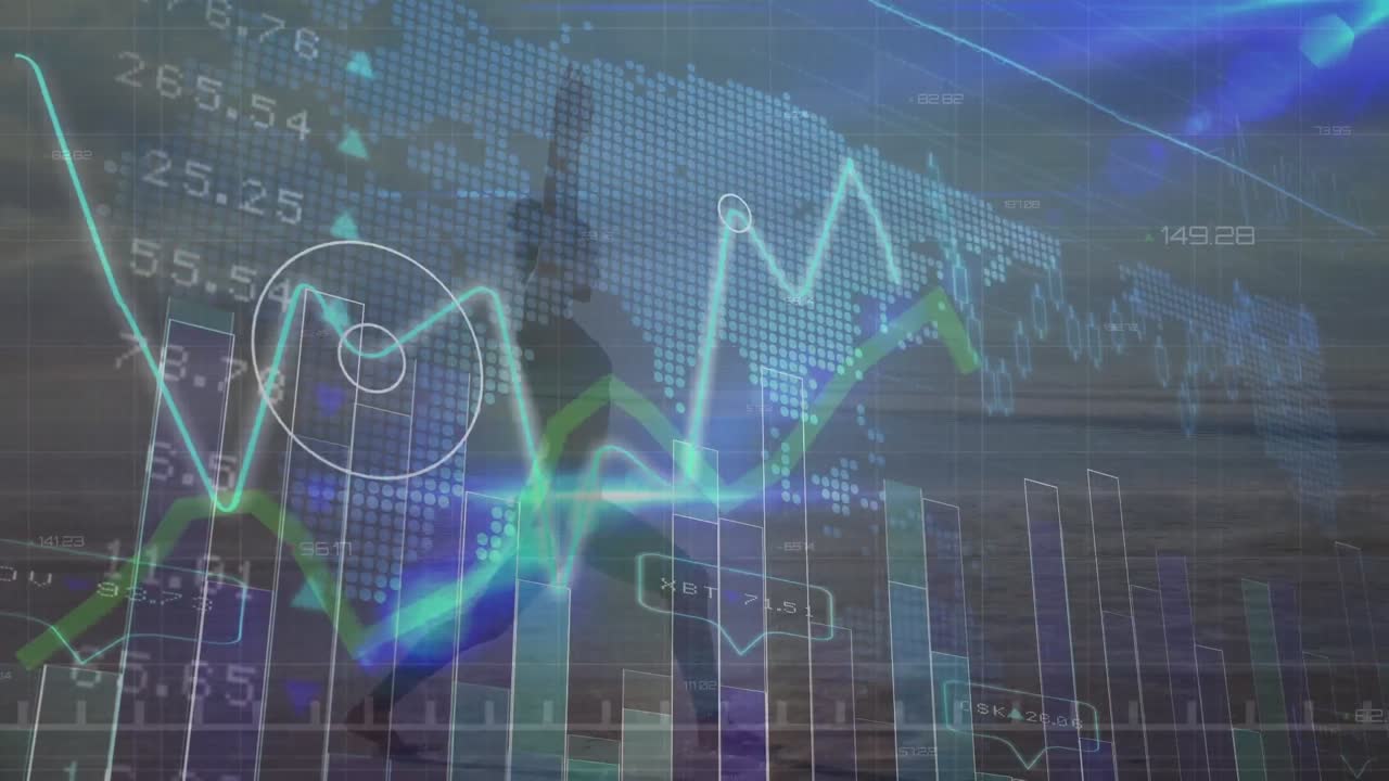 animación del procesamiento de datos sobre una mujer caucásica haciendo ejercicio en la playa