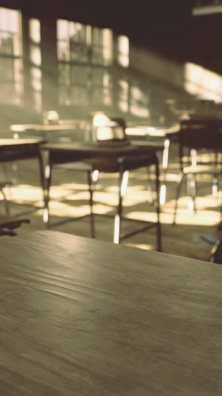 Classroom with warm sunlight filtering through windows during late afternoon