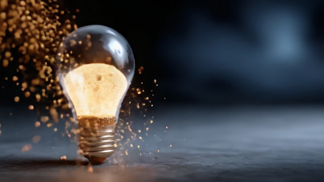 Una vista affascinante di una lampadina a incandescenza che si trasforma con particelle scintillanti, a simboleggiare creatività e innovazione in una visualizzazione straordinaria.