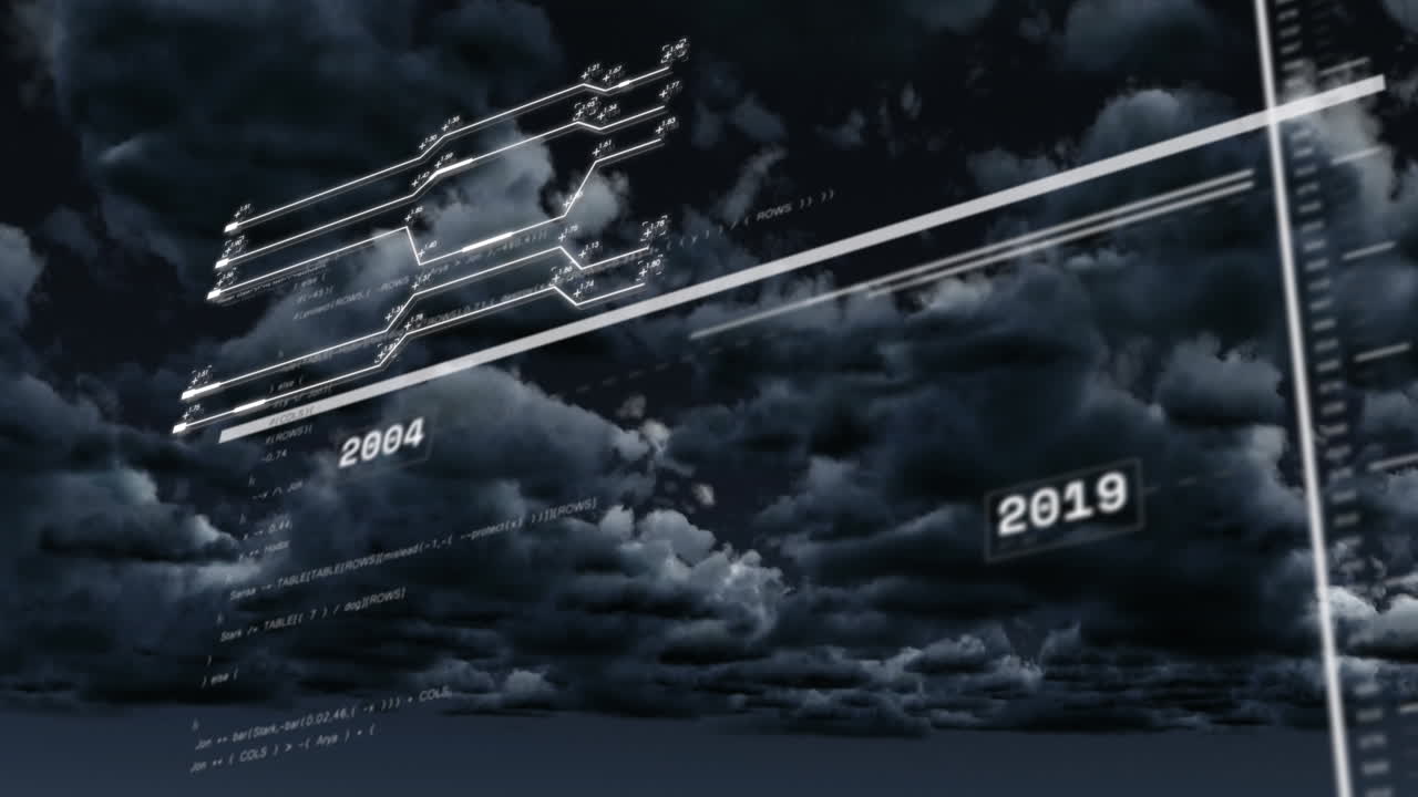 하늘의 어두운 구름에 대한 데이터 처리 인터페이스의 애니메이션