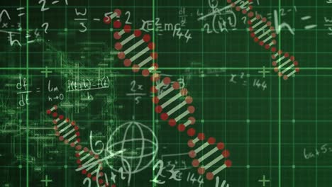 animación de ecuaciones y cadenas de adn que giran sobre el procesamiento de datos en la cuadrícula verde