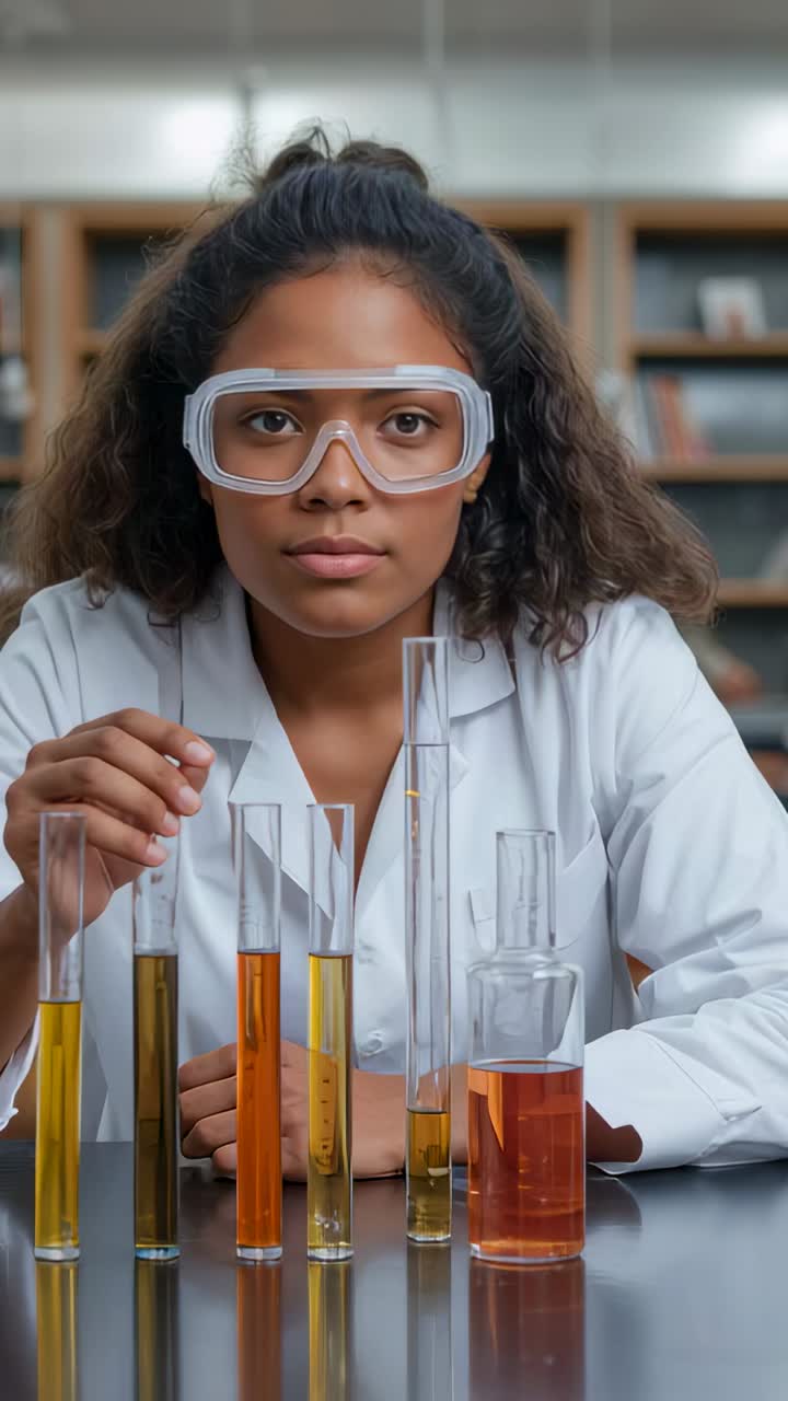 Vertical video: Student in coat and goggles steadying tubes at bench as camera focusing for test