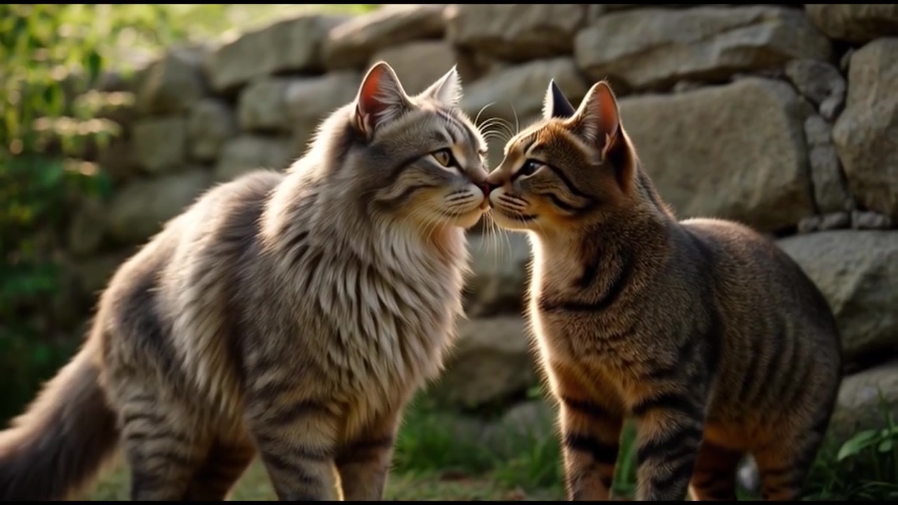 Due gatti che si coccolano all'aperto vicino a un muro di pietra