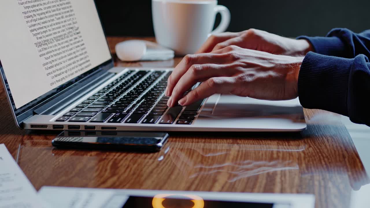 Close-up video of hands typing on a laptop at a wooden desk, with a coffee cup in the background