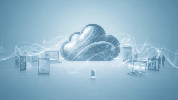 Pulsing metal cloud in studio sending ribbons to devices, phone, lighting suited team, showing link