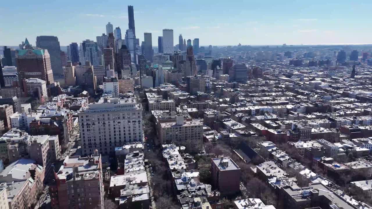 Horizontal drone round shot over Remsen Street in Brooklyn, capturing the city's vibrant streets, historic buildings, and dynamic urban landscape with smooth circular aerial motion.