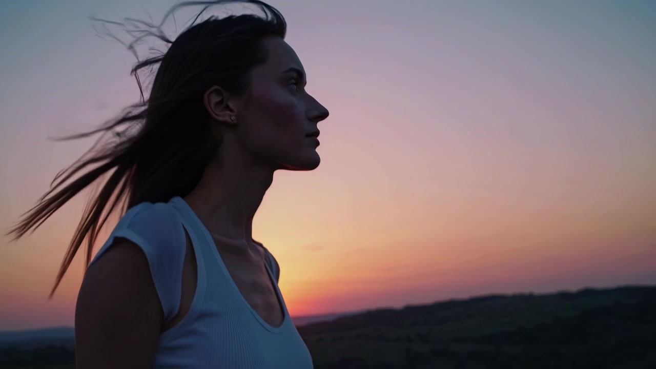 Serene Young Woman with Eyes Closed Against a Vibrant Sunset Sky