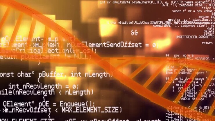 Animation of dna strand, medical data processing on orange glowing background