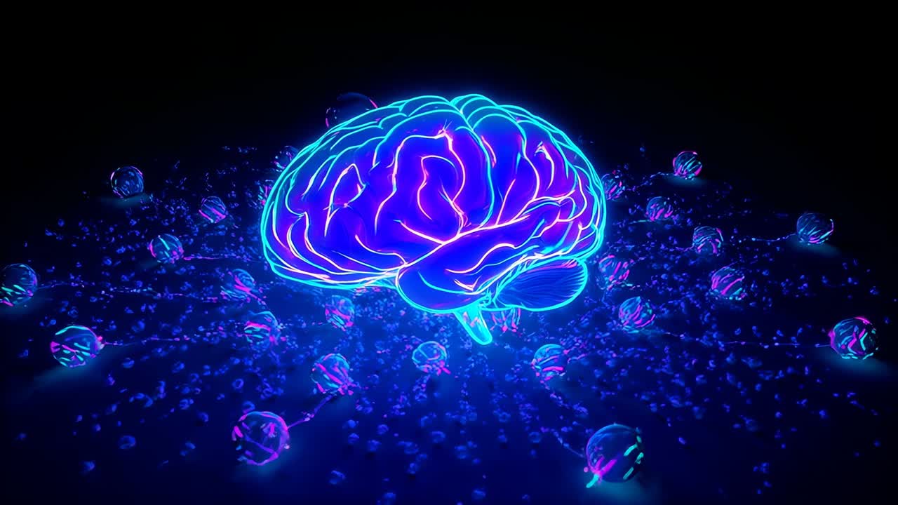 Brightening, neon brain model pulsing and drifting closer over particle field, making spheres glow