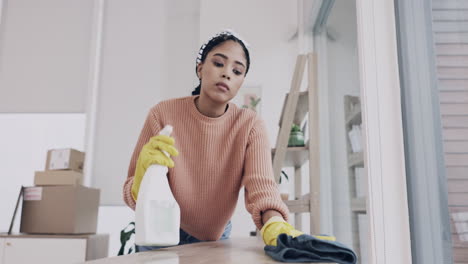 cleaning, spray and chemical with woman in living