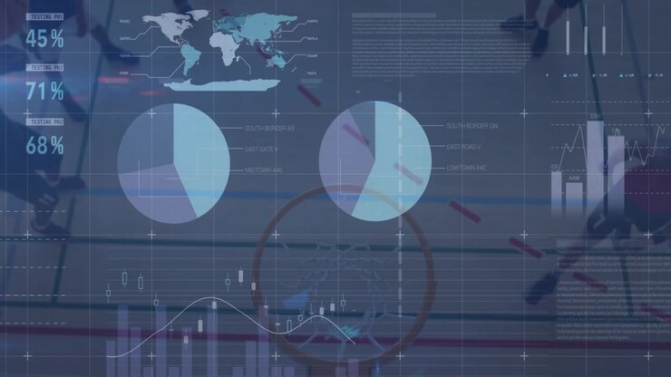 Basketball players circling hoop as ball dropping through rim, analytics overlays showing graphs
