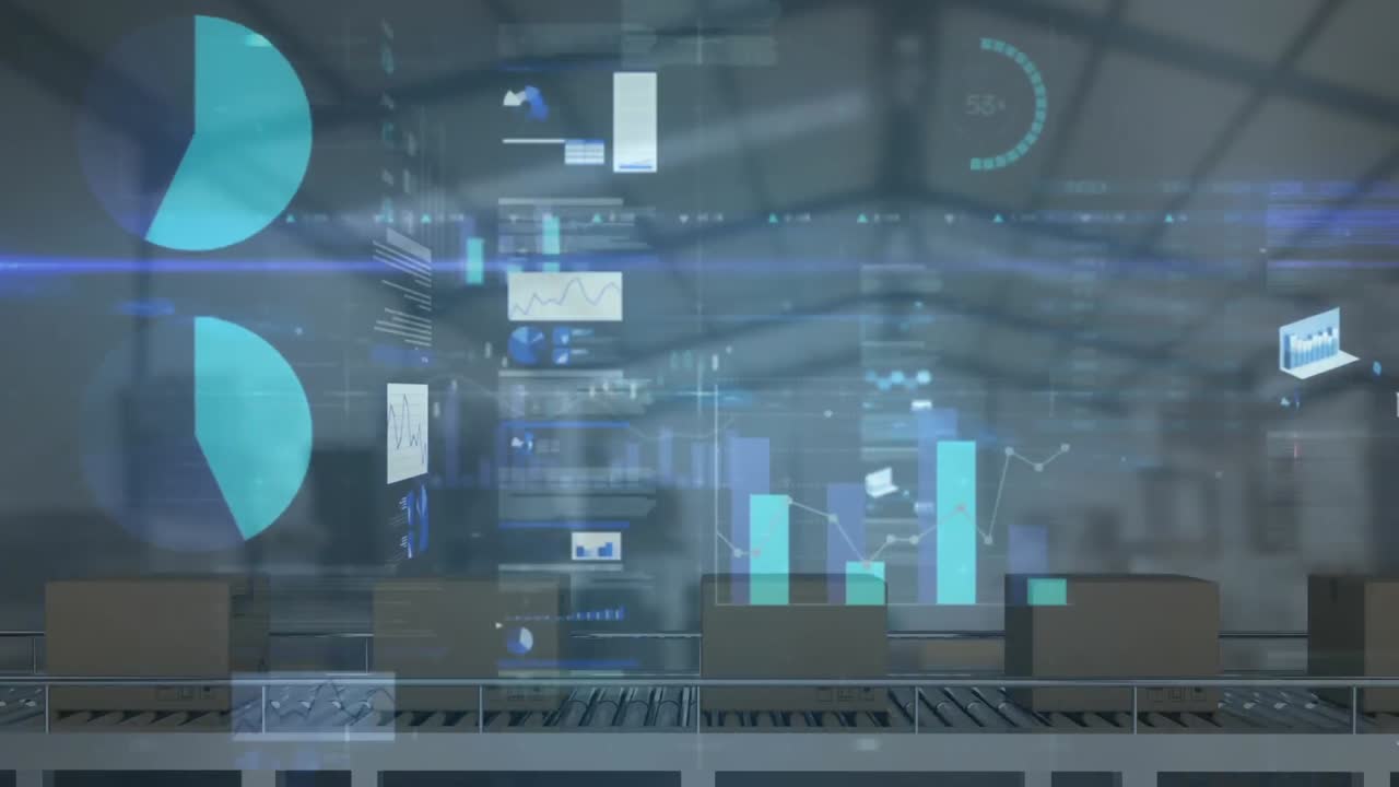 창고에서 컨베이어 벨트에 있는 카드보드 상자 위에서 통계 처리의 애니메이션