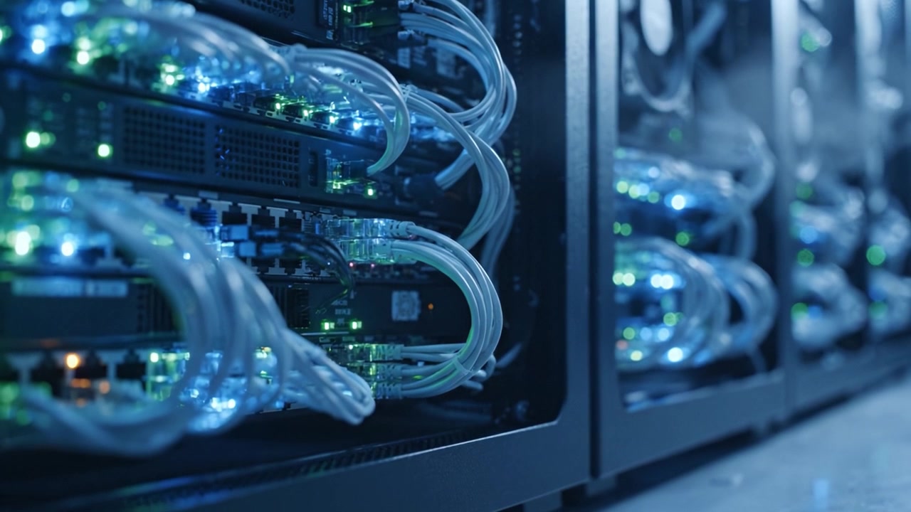 A Close-Up View of Modern Server Infrastructure Highlighting Network Connections, Data Processing, and High-Speed Communication in a Data Center Environment