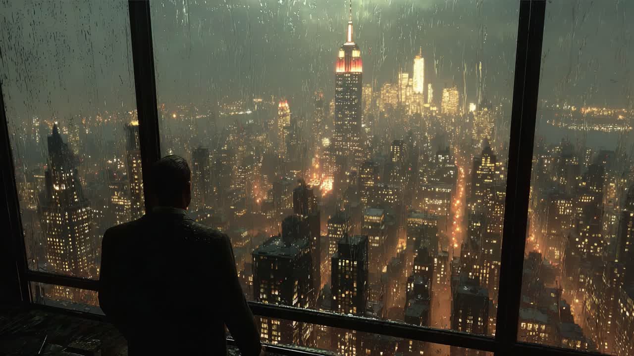 A Man Gazes Out Over a Rainy Cityscape, Capturing the Majestic Beauty of Illuminated Skyscrapers and a Romantic Atmosphere at Night