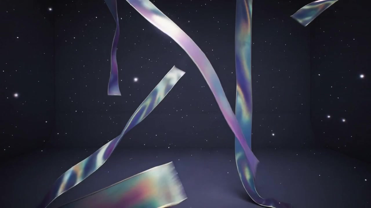 Uno spostamento dell'illuminazione che provoca nastri iridescenti che si torcono e si incrociano in una camera cubica con il movimento della telecamera.