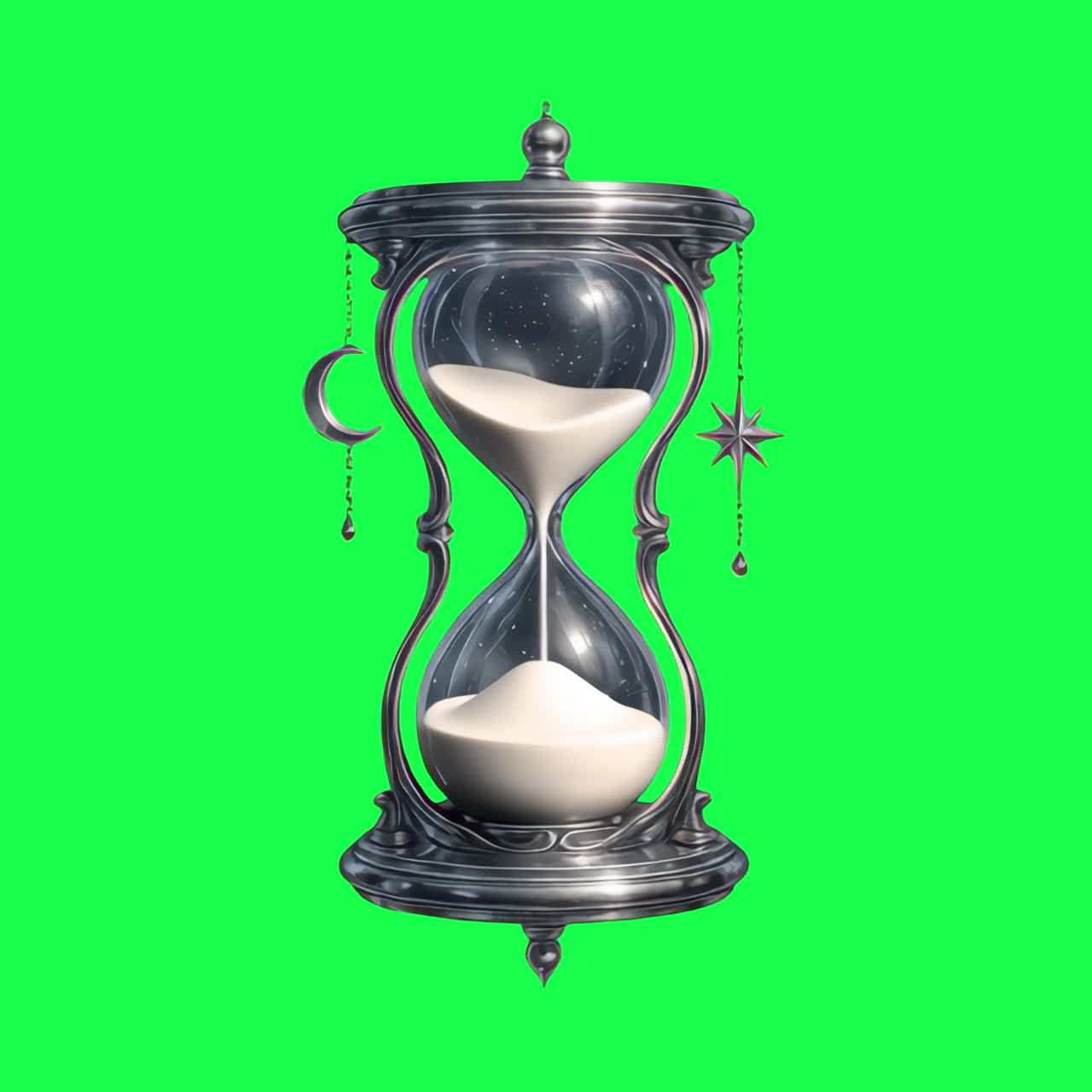 Vintage hourglass with celestial elements animation, transparent 4K video, green screen