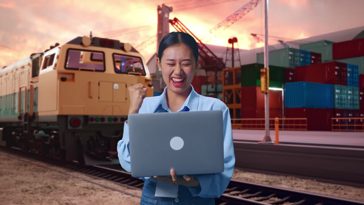 Asian Female With Her Laptop With Freight Cargo Train At Port, She Raises Her Fist Up With Screaming Goal