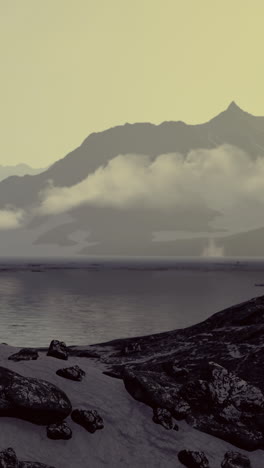alien planet landscape with mountains and water