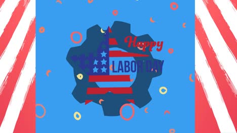 animation of happy labor day text over cog, star and american flag