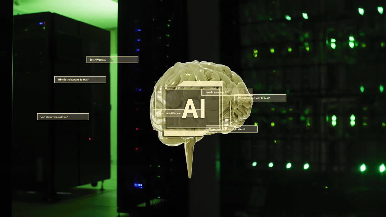 animación de un texto, cerebro y procesamiento de datos a través de servidores informáticos