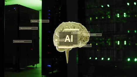 animation of ai text, brain and data processing over computer servers