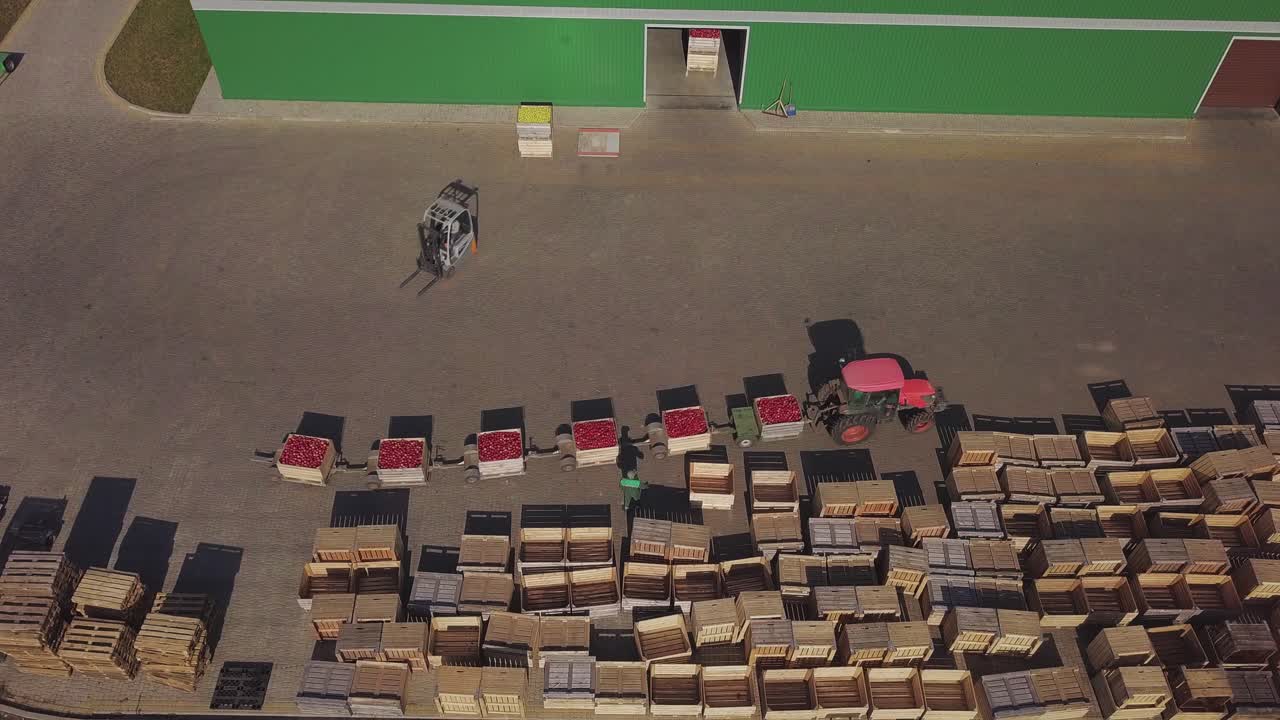 Red tractor with trailers full of red apples at farmland going near empty wooden crates. Farmhouse, tractor with trailers and a lot of crates outdoors. Aerial view