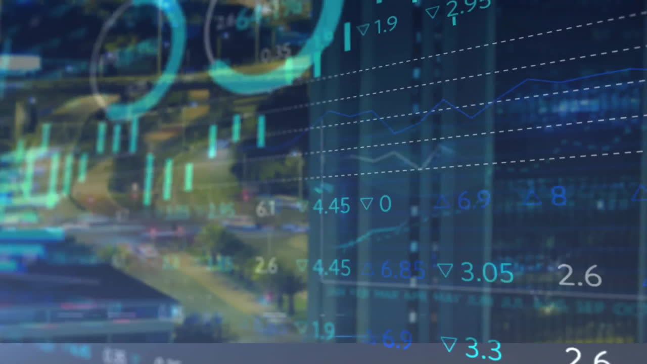 Animation of financial data processing over cityscape