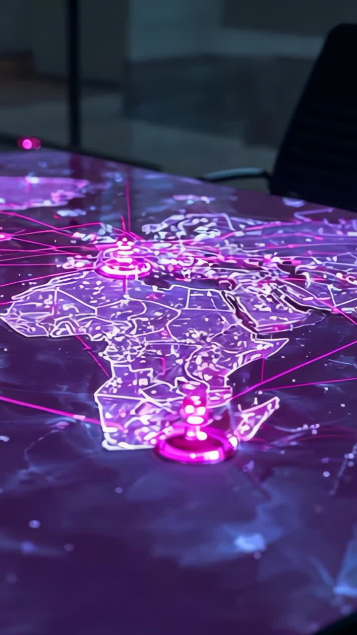 Vertical video: Holographic Africa map emerging and pulsing nodes on office table, visualizing data