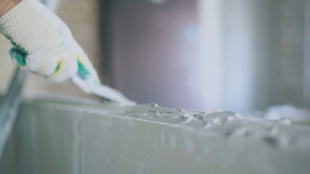 el brazo del pintor sostiene el cuchillo de masilla y mancha la pared con el primer