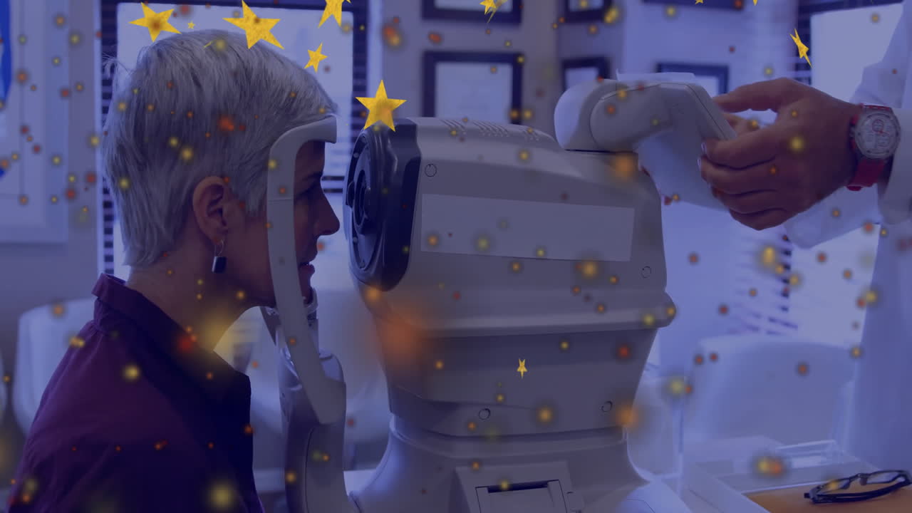 Female patient positioning at autorefractor for medical eye exam, with gold star overlay