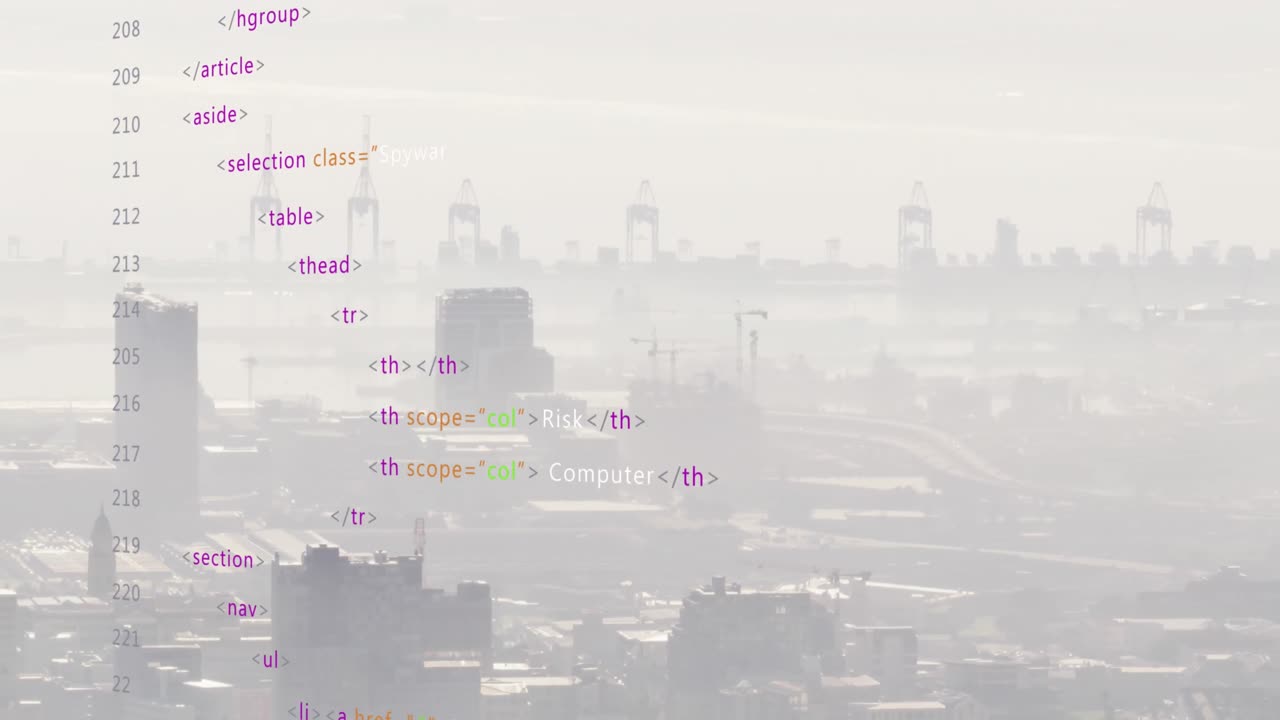 도시 풍경 위의 데이터 처리 애니메이션