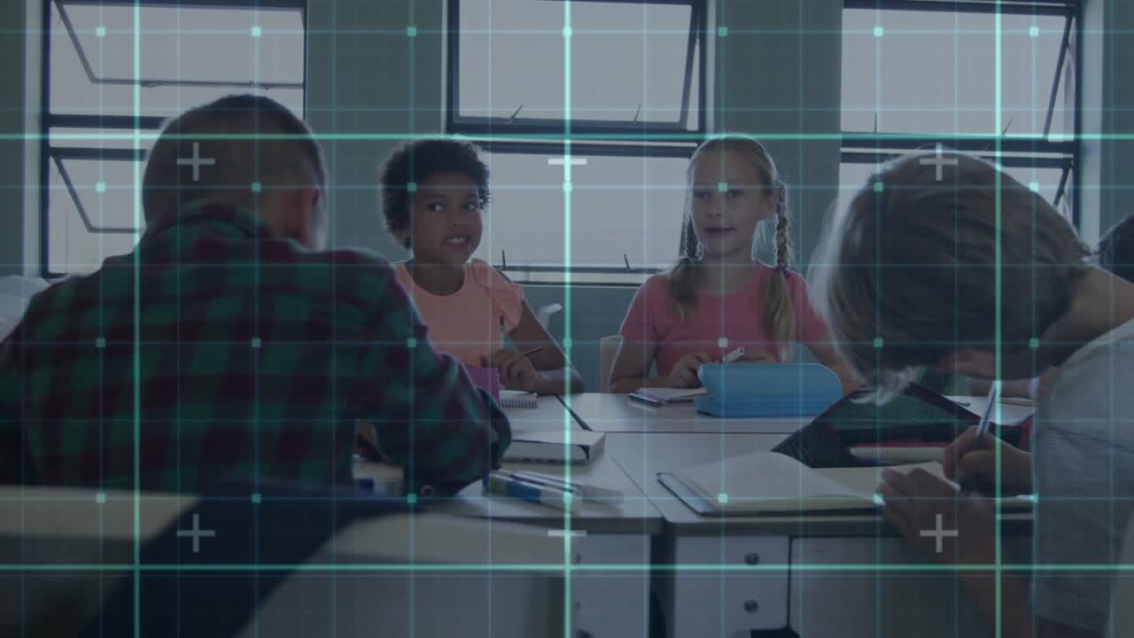 Center students turning and speaking then smiling during classwork with cyan grid overlay