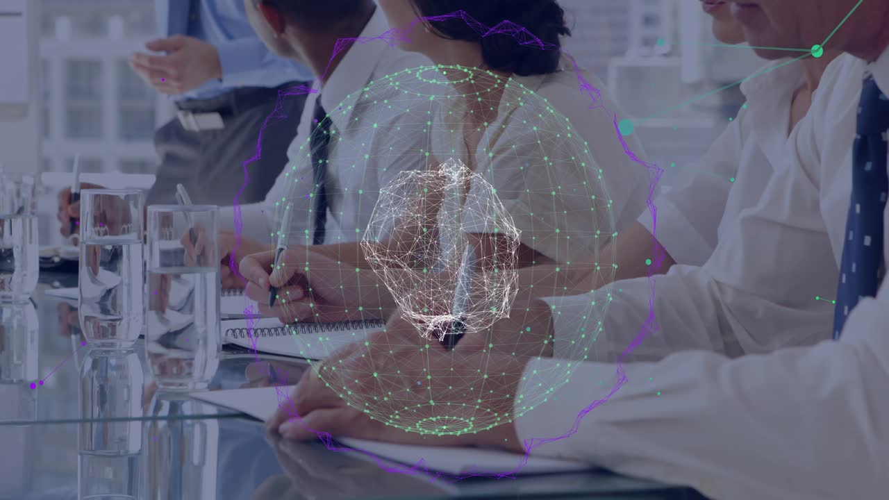 Presenter gesturing toward chart activating rotating globe while team writing notes for business