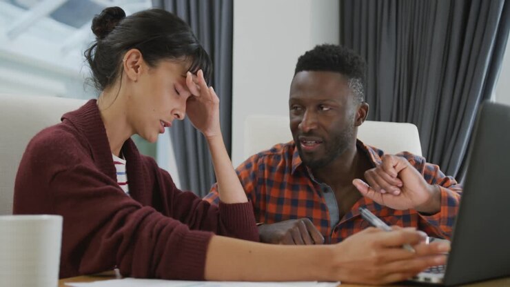 Diverse couple sitting at table talking and working with laptop