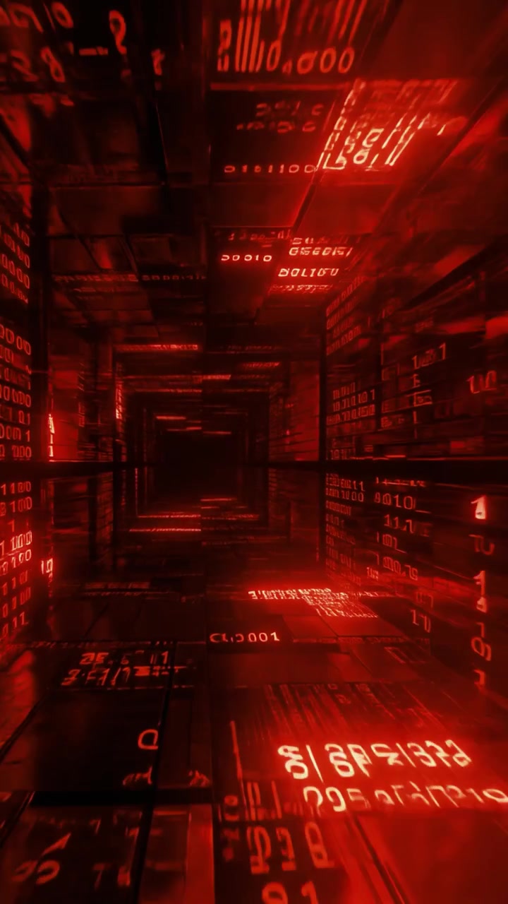 Abstract Digital Tunnel with Glowing Red Binary Code Data Stream