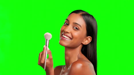 Woman,-makeup-and-face-brush-on-green-screen