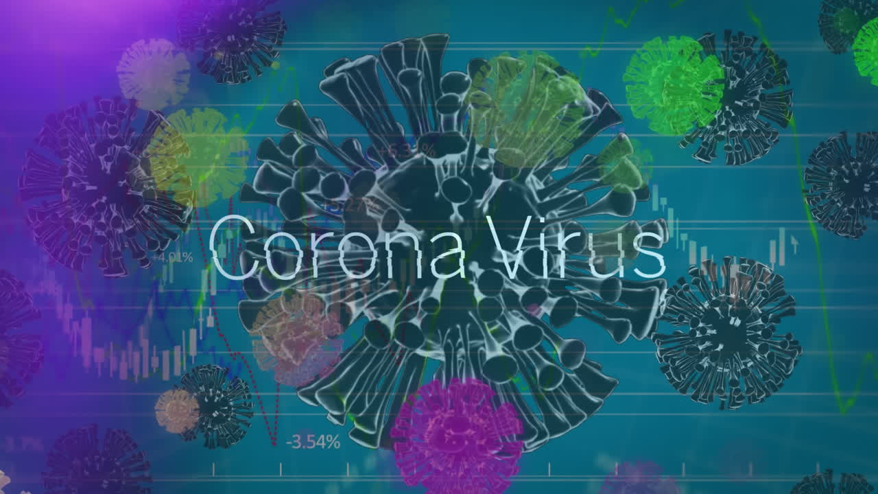통계와 데이터 프로세스와 함께 떠다니는 매크로 코로나-19 세포 위의 단어 코로나 바이러스의 애니메이션