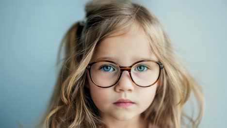serious young blonde girl wearing eyeglasses sitting quietly, presenting six identical portrait shots with different facial expressions against light blue studio background
