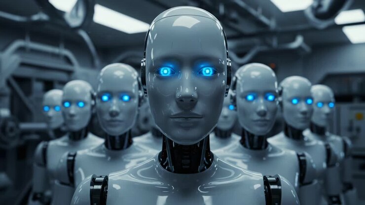 A Fascinating Glimpse into the Future: An Array of Advanced Robots with Glowing Blue Eyes Captured in a Futuristic Laboratory Setting