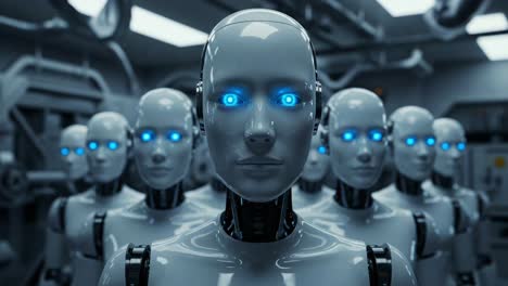 a fascinating glimpse into the future: an array of advanced robots with glowing blue eyes captured in a futuristic laboratory setting