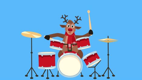 cartoon christmas deer flat character play drums animation with matte