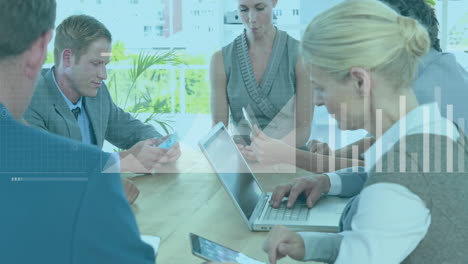 animation of financial data processing over diverse business people in office