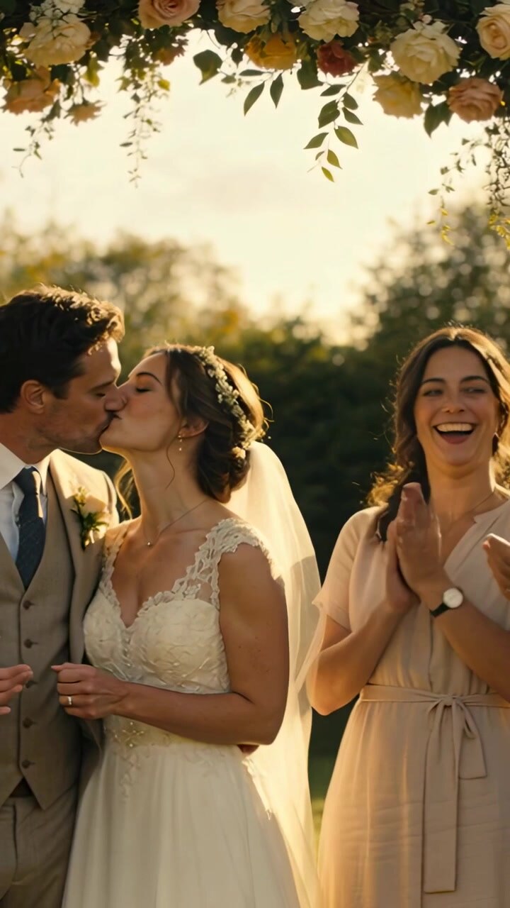 Vertical video: Smiling bride leaning in and kissing groom at floral arch, wearing lace gown, rings