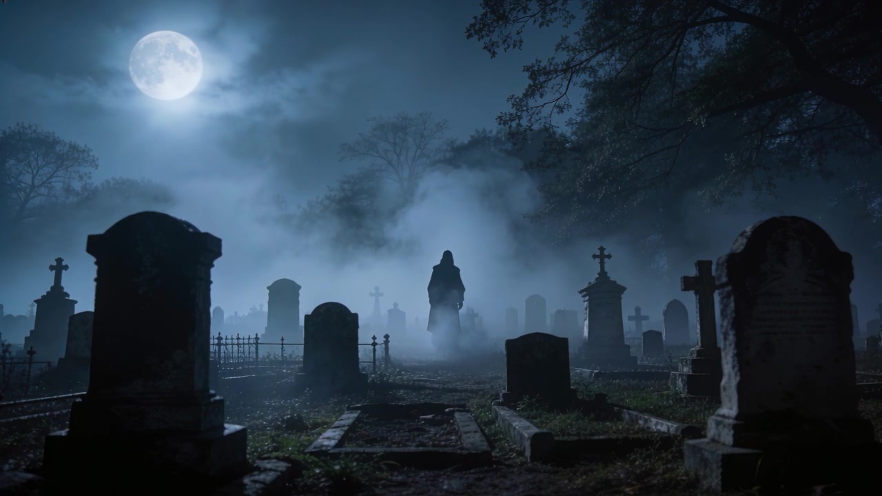 La nebbia si sposta, una figura adulta ammantata si muove lungo un sentiero tra le tombe verso la telecamera in un cimitero, con le lapidi.