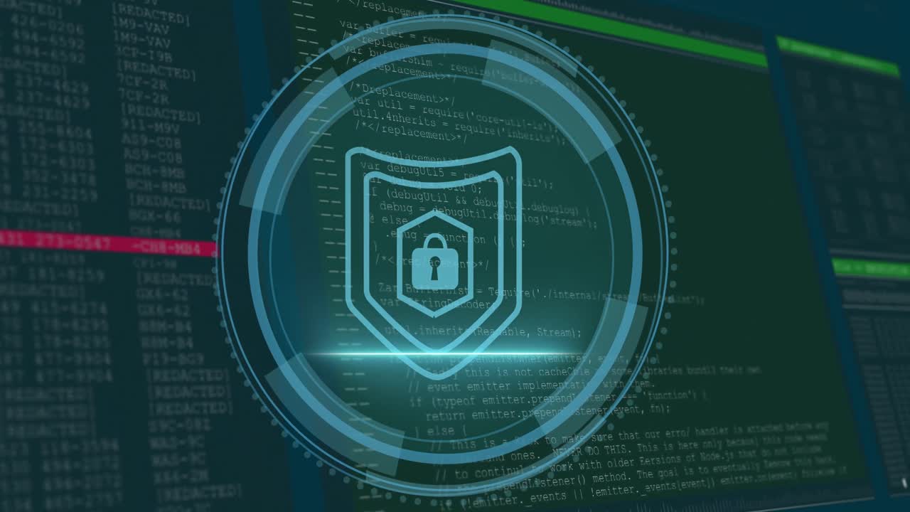 animación del procesamiento de datos y el candado sobre fondo azul