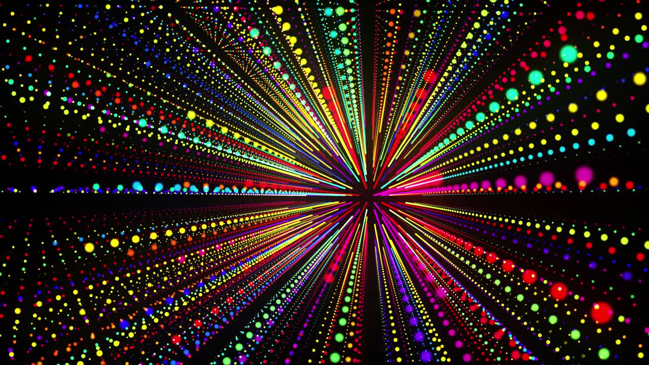 추상적인 3d 루프 배경은 빛나는 입자가 3d 공간에서 줄지어 서 있습니다. 다채로운 입자와 부드러운 애니메이션 카메라를 가진 축제 vj 루프.