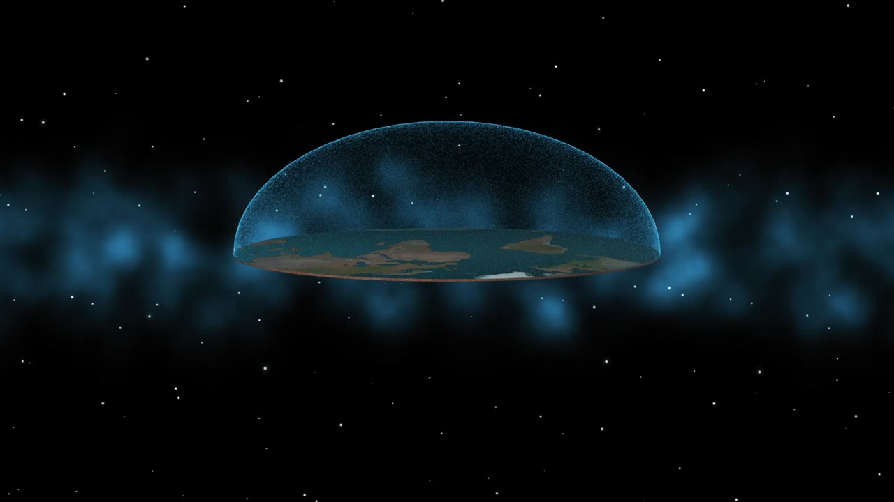 плоская земля 3d-модель. анимация космографической мифологии вселенной с плоской землей под защитным навесом.
