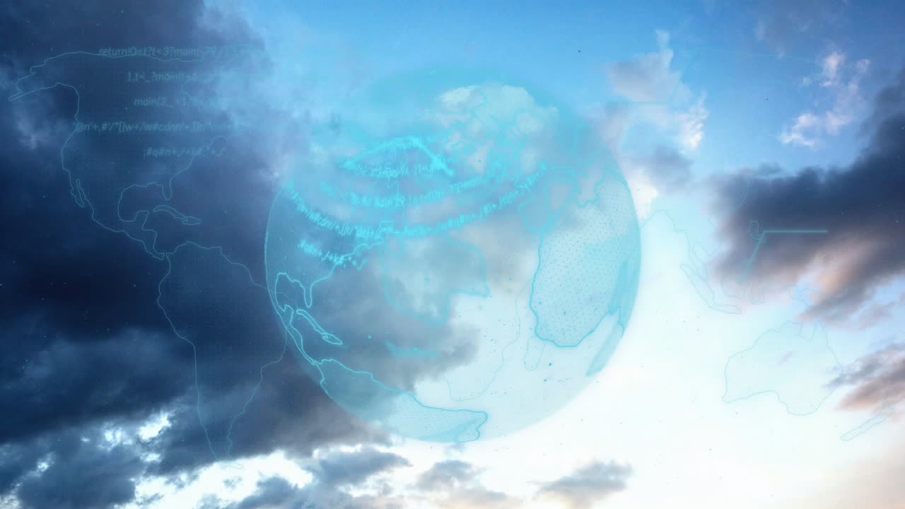 Animation of digital globe overlaying cloudy sky, representing global connectivity