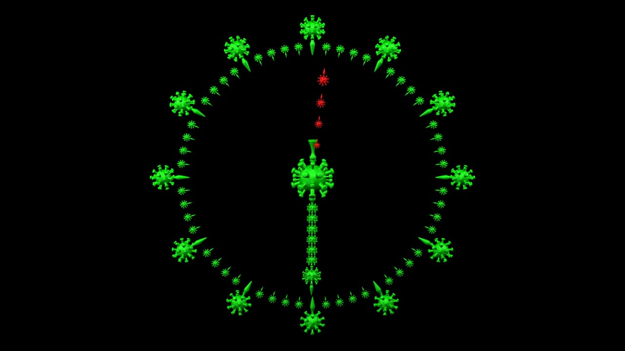 Animazione time-lapse di quadrante di orologio con simboli del coronavirus